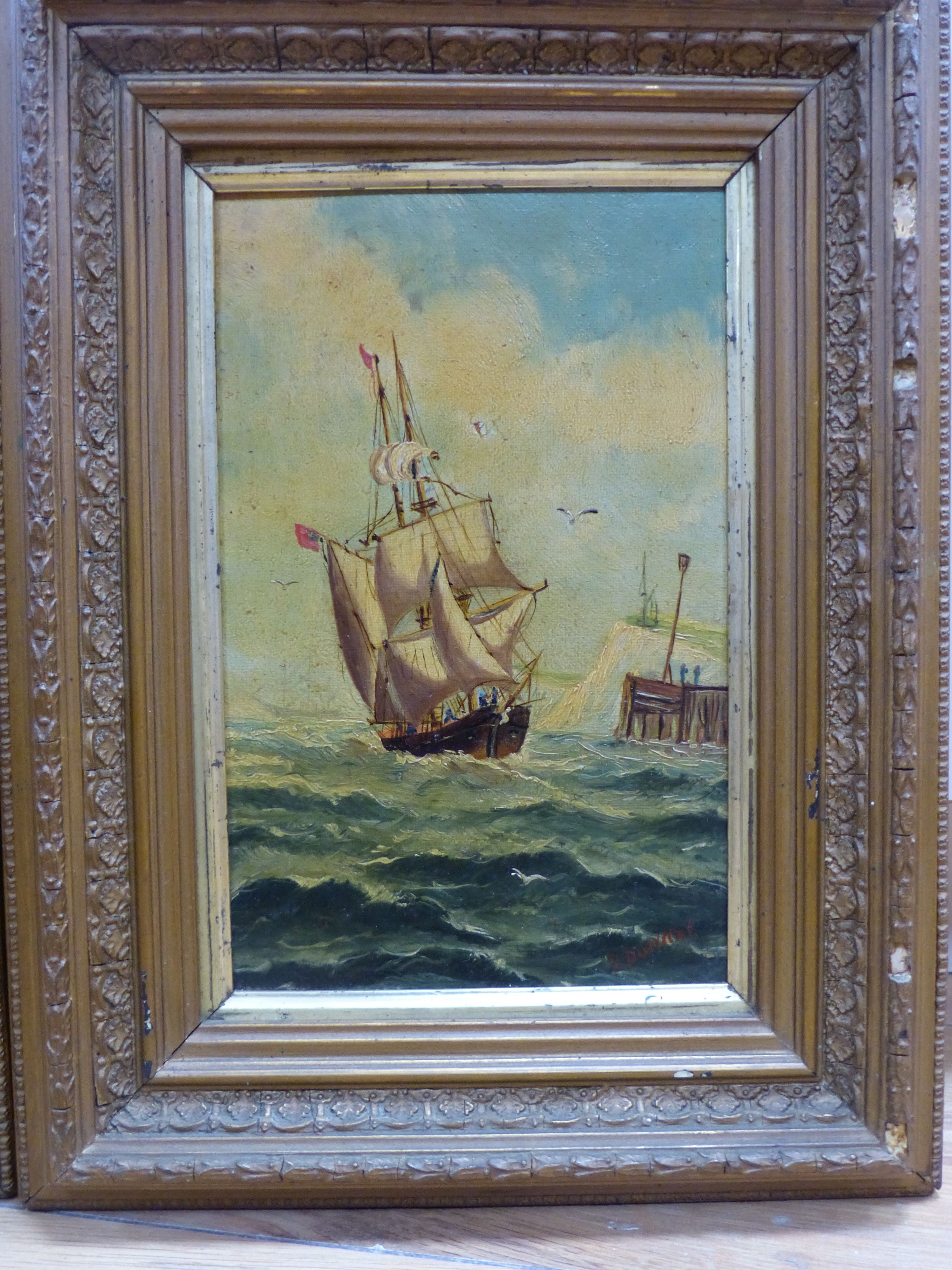 B. Durrant, pair of oils on canvas, Sailing and steamships at sea, signed, 21 x 13cm